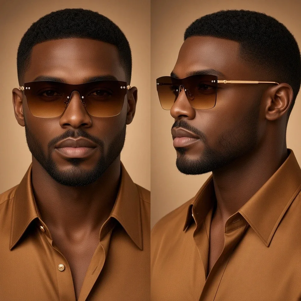 Mens Rimless Shield Sunglasses Brown Gradient Lens Gold Metal Frame Modern UV400